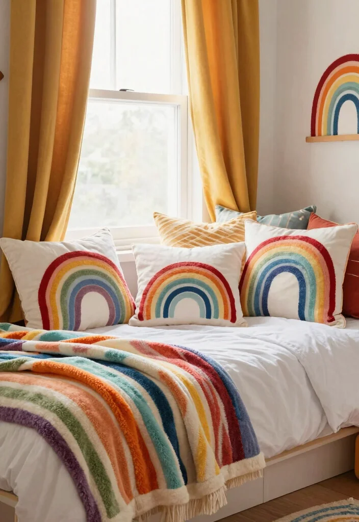 16 Rainbow Bedroom Ideas for Kids: Colorful Happy Spaces - 13. Rainbow-Themed Textiles 1