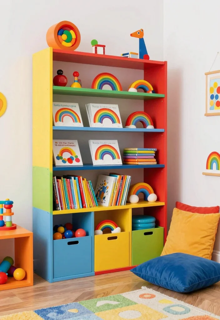 16 Rainbow Bedroom Ideas for Kids: Colorful Happy Spaces - 14. Rainbow-Themed Books and Toys 1