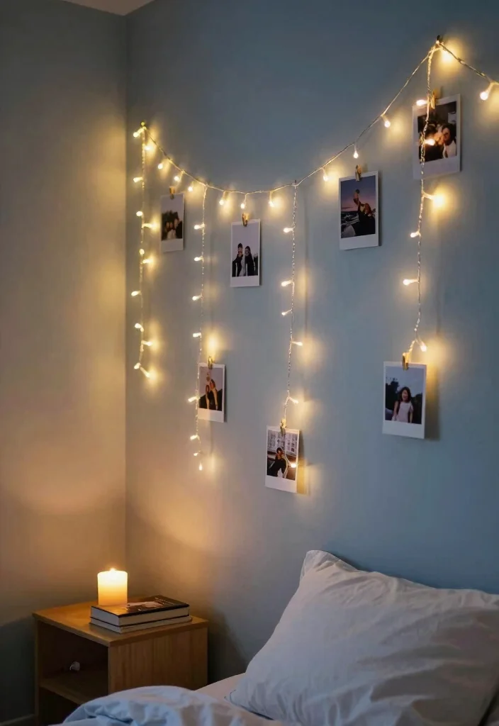 16 Wall Decorations for Bedroom Ideas Stylish and Personal - 9. String Lights with Photos 1