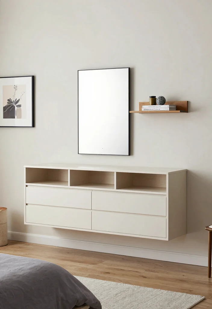 17 Bedroom Dresser With Mirror Ideas Practical and Chic - 13. Floating Dresser Idea 1
