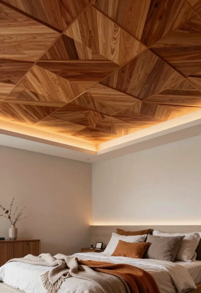 17 Fall Ceiling Designs for Bedroom Ideas Modern Stylish Finish - 3. Geometric Wooden Panels 1