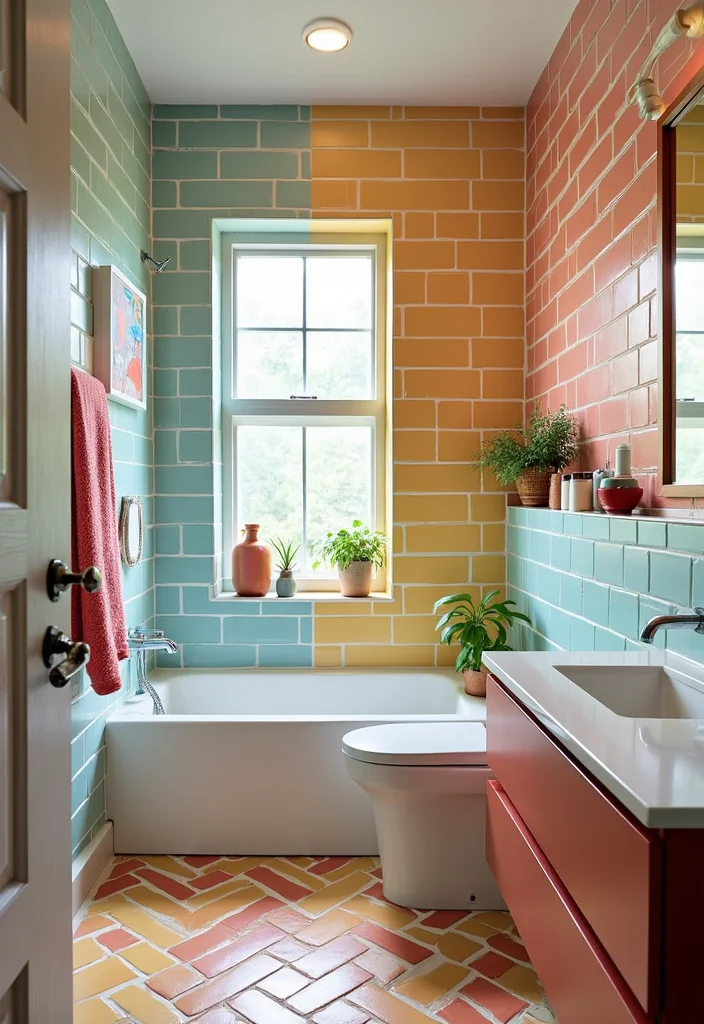 18 Bathroom Tiles Design Ideas For Bold Makeovers - 7. Colorful Subway Tiles for a Modern Twist