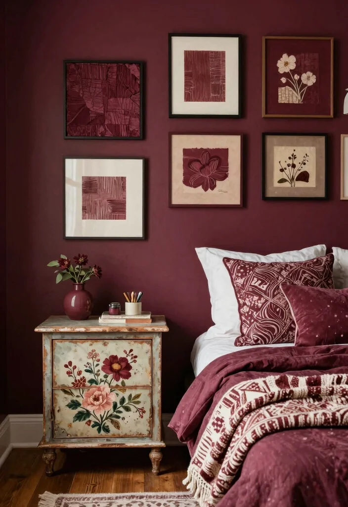 18 Maroon Bedroom Ideas for Burgundy Rich and Cozy Looks - 13. Crafted Elements with DIY Decor 1