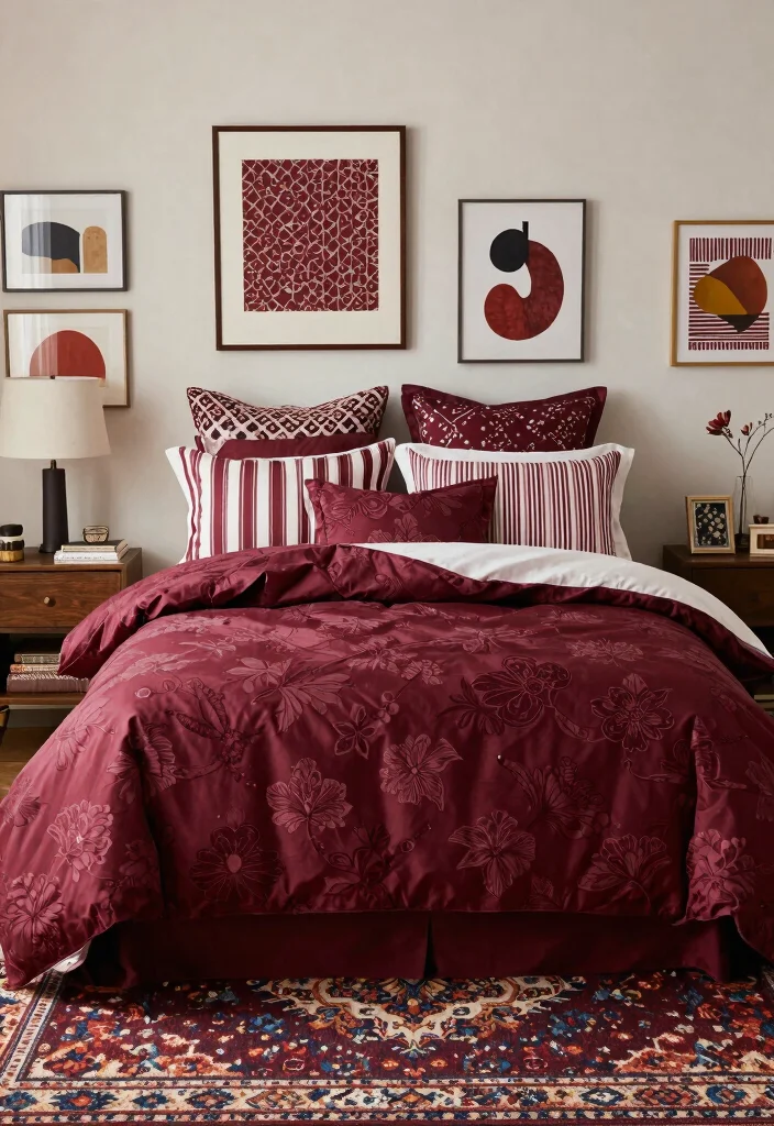 18 Maroon Bedroom Ideas for Burgundy Rich and Cozy Looks - 15. Mixing Patterns 1