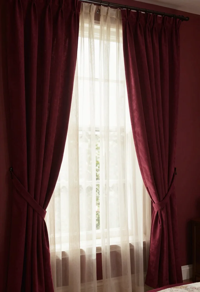 18 Maroon Bedroom Ideas for Burgundy Rich and Cozy Looks - 16. Layered Window Treatments 1