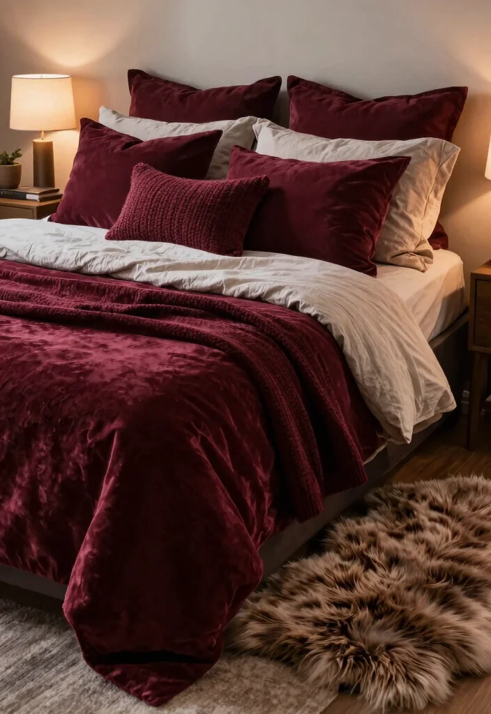 18 Maroon Bedroom Ideas for Burgundy Rich and Cozy Looks - 3. Cozy Layering with Textures 1