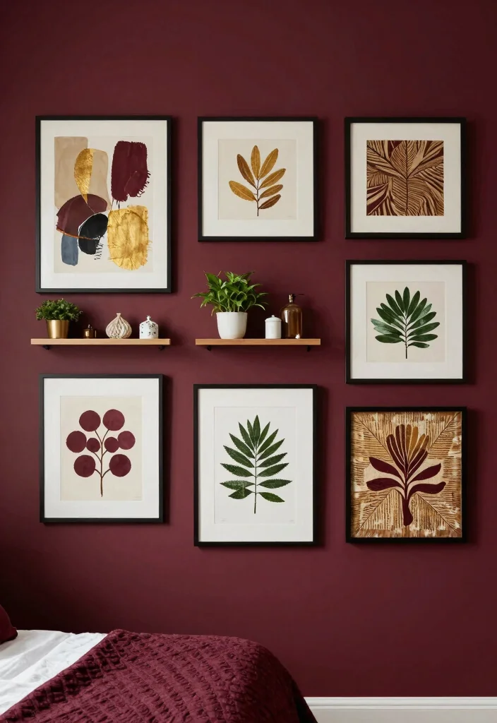18 Maroon Bedroom Ideas for Burgundy Rich and Cozy Looks - 5. Artistic Wall Decor 1