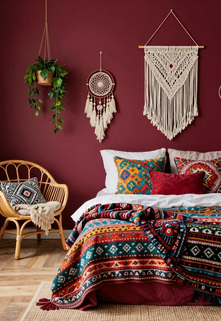 18 Maroon Bedroom Ideas for Burgundy Rich and Cozy Looks - 9. Bohemian Elements 1