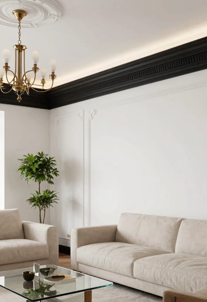 12 Ceiling Crown Molding Ideas That Hide Rough Drywall Seams - 2. Contrasting Dark Molding 1