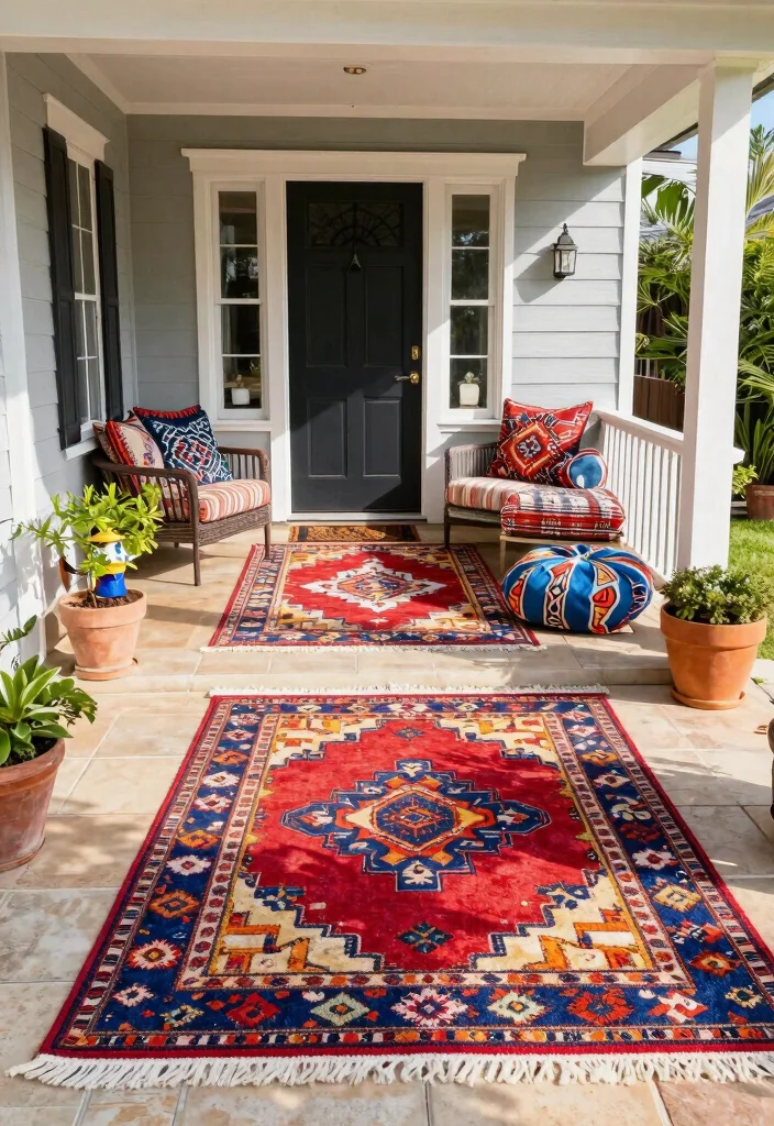 12 Front Porch Tile Ideas That Don't Crack in Freeze-Thaw - 12. Colorful Outdoor Rugs 1