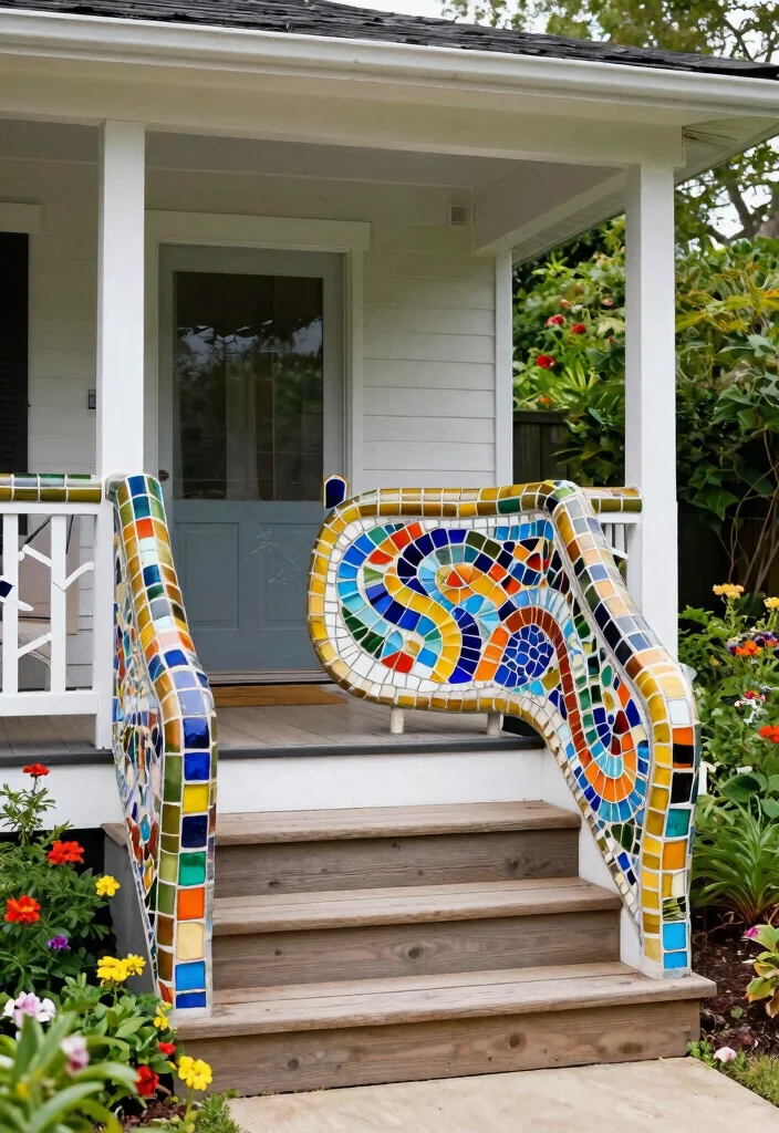 12 Porch Step Railing Ideas That Meet Code and Boost Curb Appeal - 12. Artistic Mosaic Railing 1