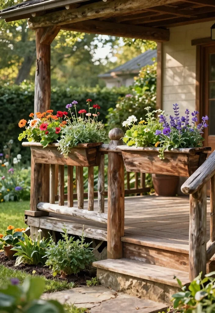12 Porch Step Railing Ideas That Meet Code and Boost Curb Appeal - 2. Rustic Wood Railing with Planters 1