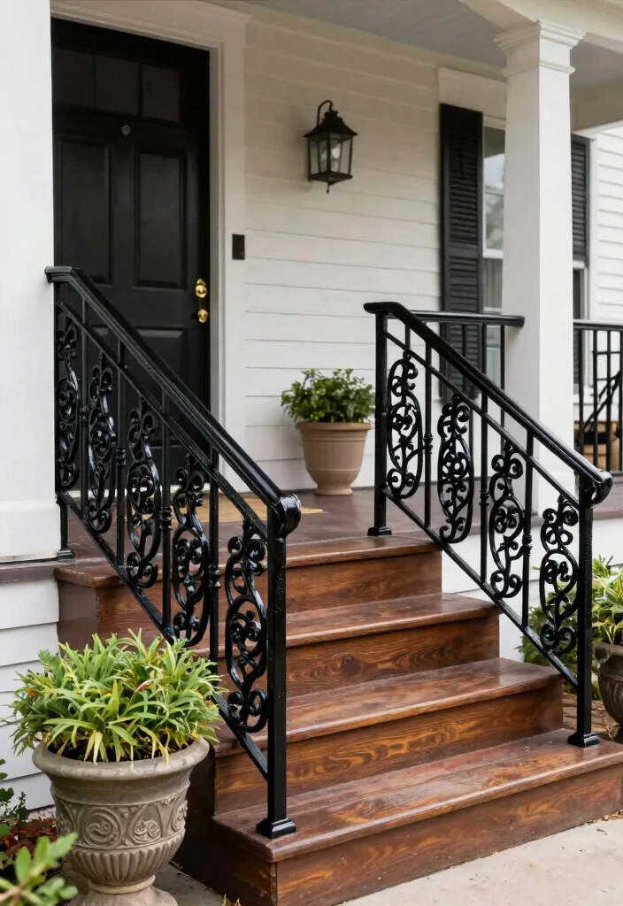 12 Porch Step Railing Ideas That Meet Code and Boost Curb Appeal - 3. Elegant Wrought Iron Railing 1