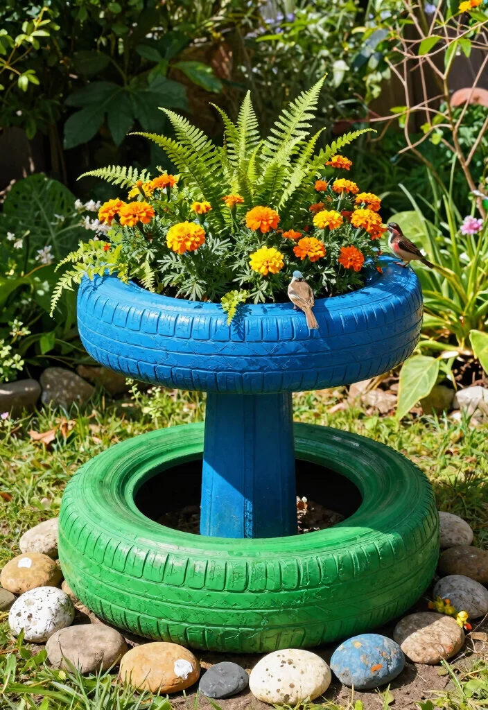 14 Bird Bath Planter Ideas That Don't Leak or Tip Over - 1. Upcycled Tire Planter Bird Bath 1