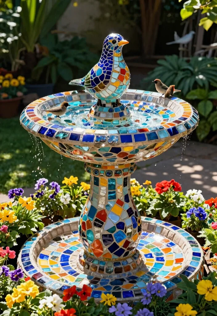 14 Bird Bath Planter Ideas That Don't Leak or Tip Over - 10. Custom Mosaic Bird Bath Planter 1