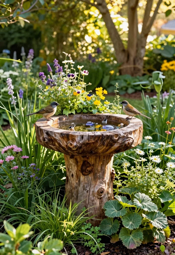 14 Bird Bath Planter Ideas That Don't Leak or Tip Over - 11. Natural Log Bird Bath Planter 1