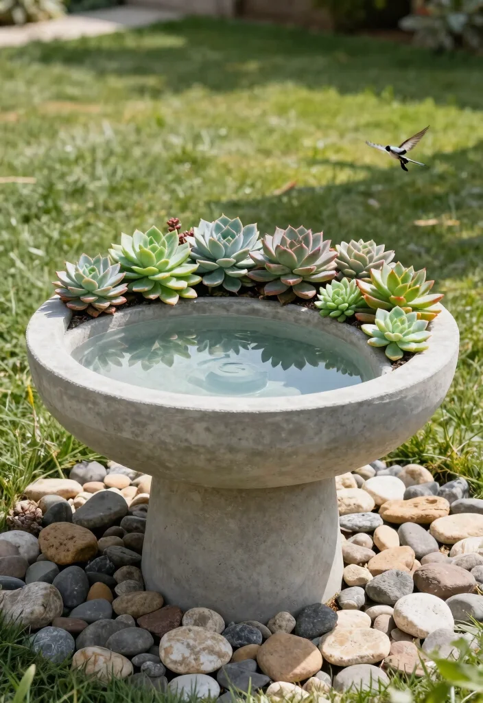 14 Bird Bath Planter Ideas That Don't Leak or Tip Over - 2. Concrete Bird Bath with Succulent Garden 1