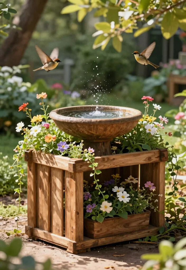 14 Bird Bath Planter Ideas That Don't Leak or Tip Over - 3. Wooden Crate Bird Bath Planter 1