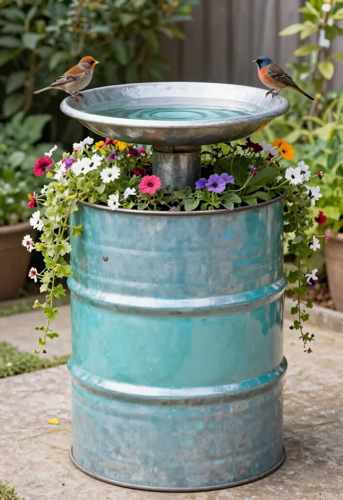 14 Bird Bath Planter Ideas That Don't Leak or Tip Over - 8. Steel Drum Bird Bath Planter 1