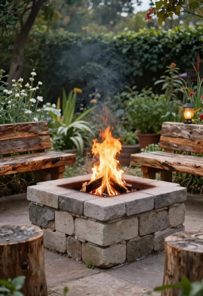14 Cinder Block Fire Pit Ideas You Can Build This Weekend - 6. Rustic Cinder Block Fire Pit with Wood Accents 1