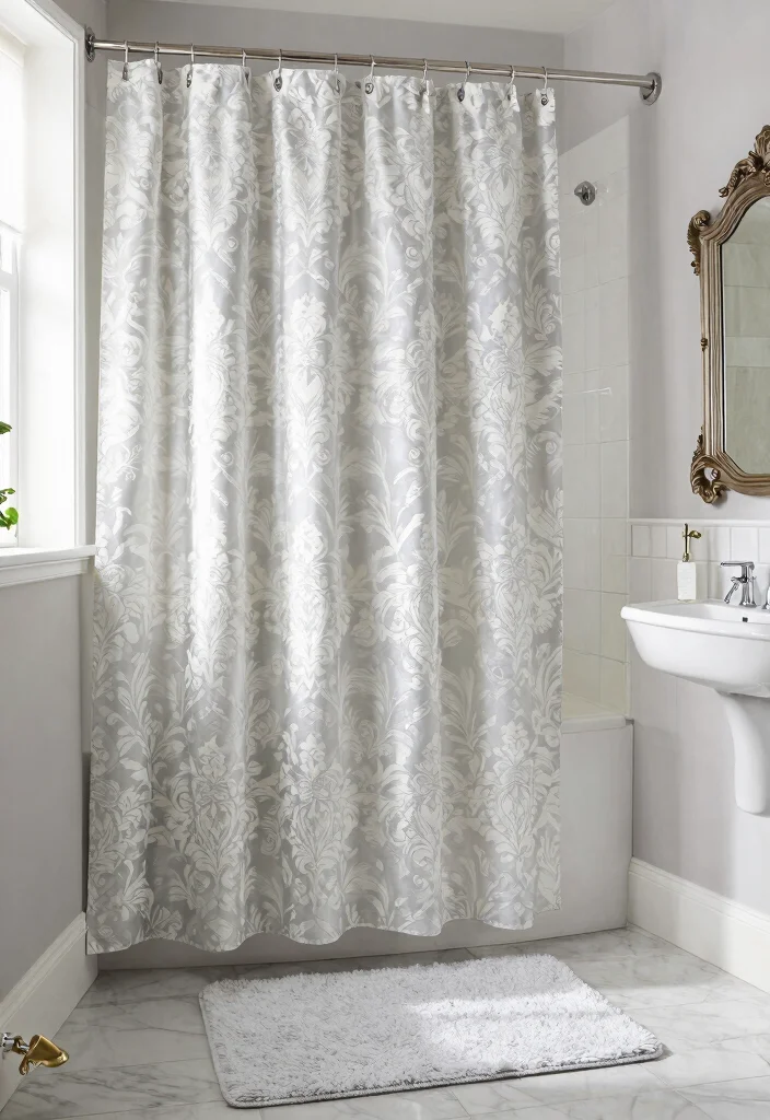 14 Farmhouse Shower Curtain Ideas That Hide a Builder-Grade Tub - 11. Elegant Damask 1