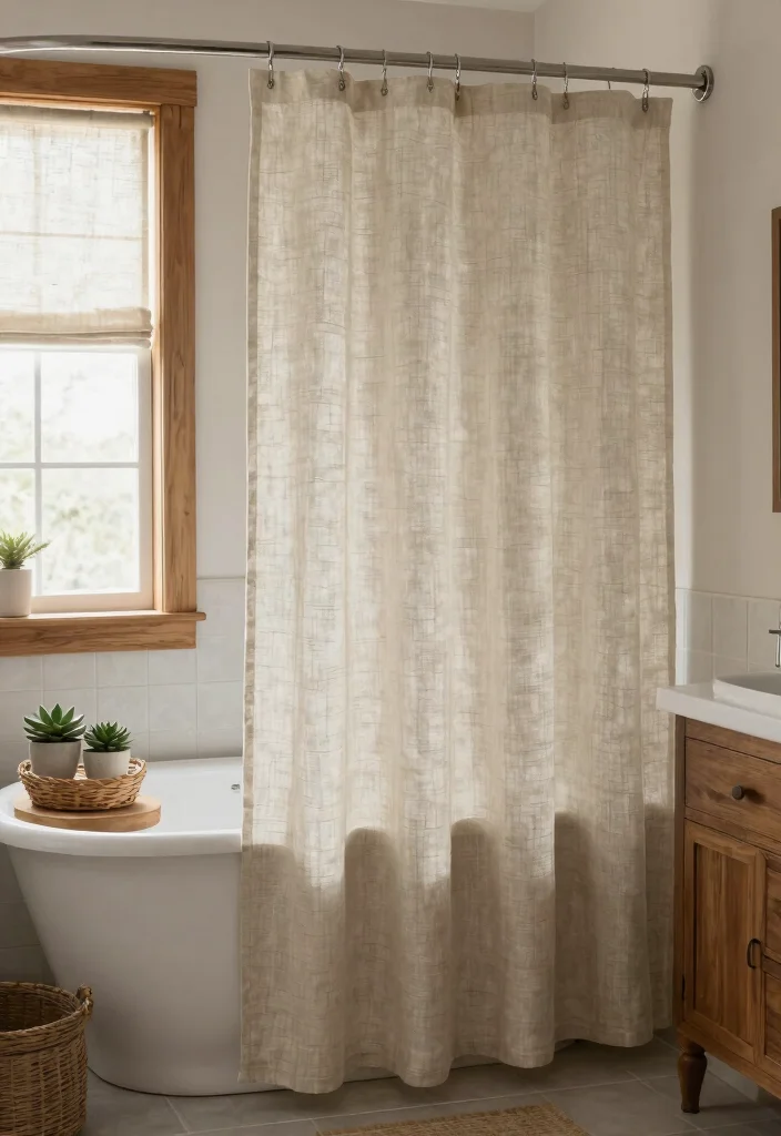 14 Farmhouse Shower Curtain Ideas That Hide a Builder-Grade Tub - 2. Rustic Linen Texture 1