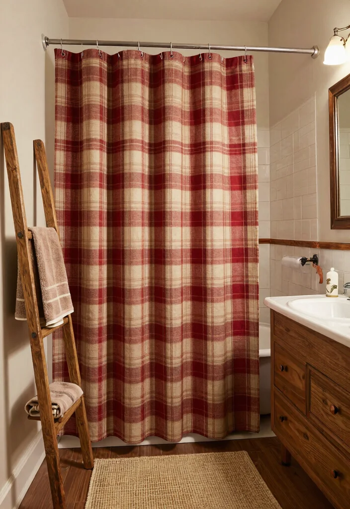 14 Farmhouse Shower Curtain Ideas That Hide a Builder-Grade Tub - 8. Farmhouse Plaid 1