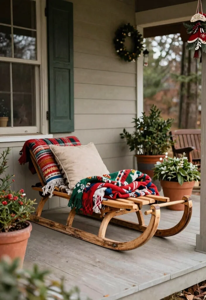 14 Rustic Christmas Front Porch Ideas on a Budget That Feel Cozy - 10. Vintage Sled Display 1