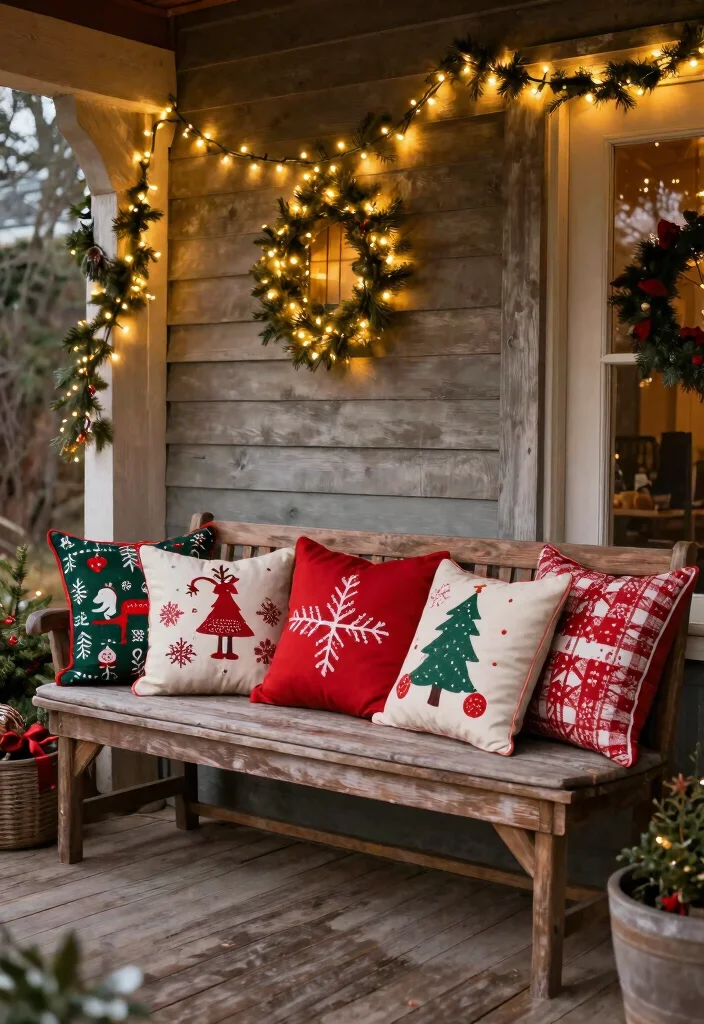 14 Rustic Christmas Front Porch Ideas on a Budget That Feel Cozy - 12. Holiday-Themed Pillows 1