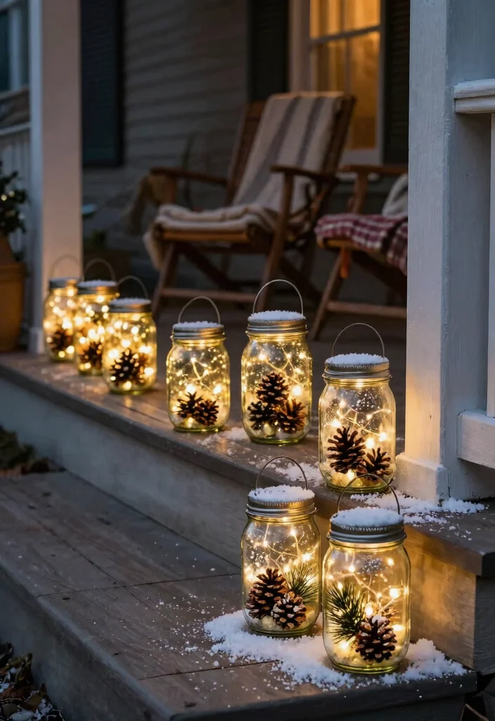 14 Rustic Christmas Front Porch Ideas on a Budget That Feel Cozy - 3. Simple Mason Jar Lanterns 1