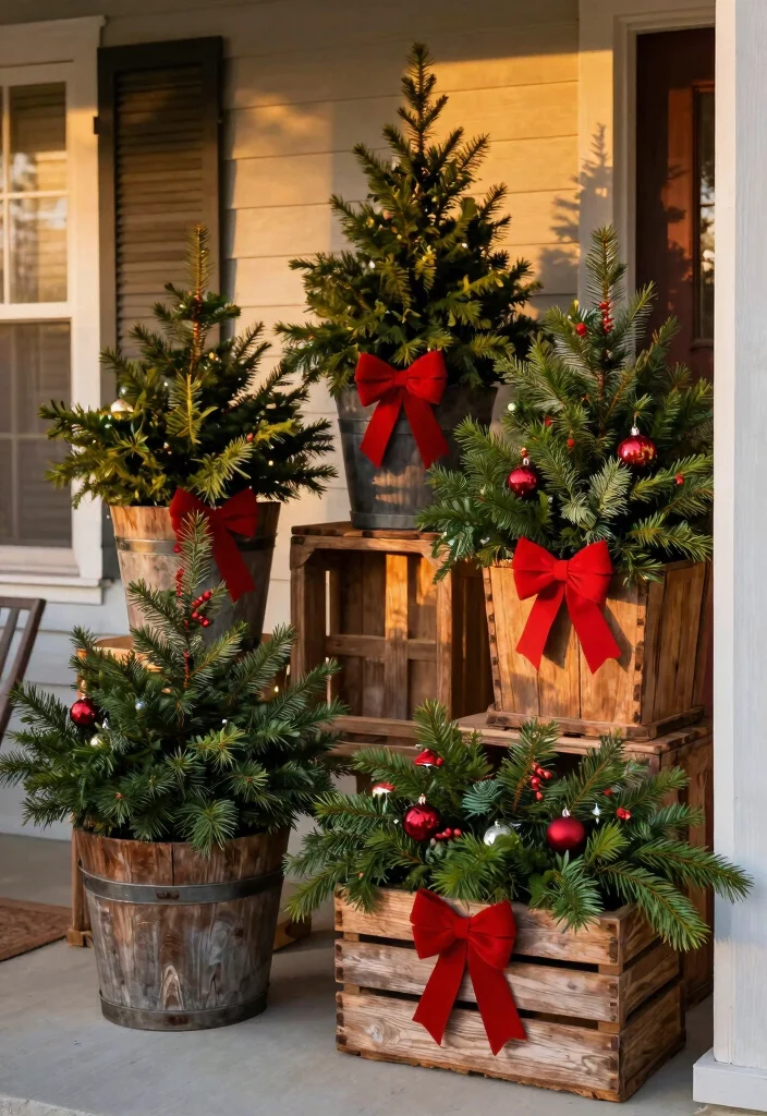 14 Rustic Christmas Front Porch Ideas on a Budget That Feel Cozy - 8. Rustic Planters with Evergreens 1