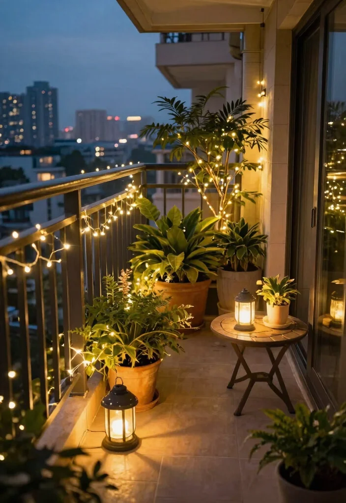 15 Balcony Decor Ideas for Small Spaces That Don't Block Light - 7. Fairy Lights and Lanterns 1