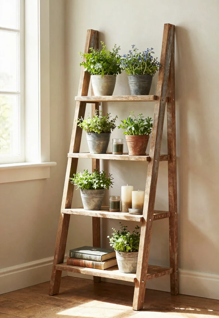 15 Country Farmhouse Decor Ideas That Feel Cozy Not Cluttered - 11. Decorative Ladder Shelf 1