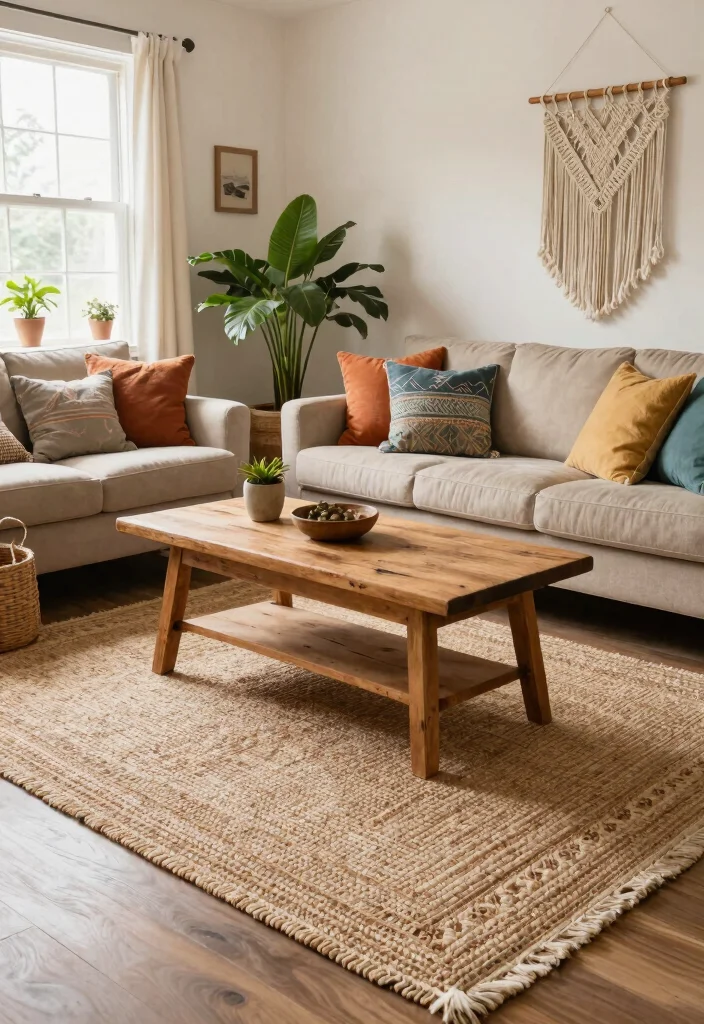 15 Farmhouse Rugs Living Room Ideas That Hide Stains and Wear - 1. Vintage-Inspired Jute Rugs 1