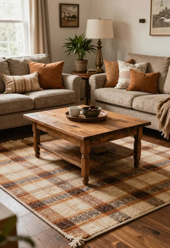 15 Farmhouse Rugs Living Room Ideas That Hide Stains and Wear - 10. Farmhouse Plaid Rugs 1