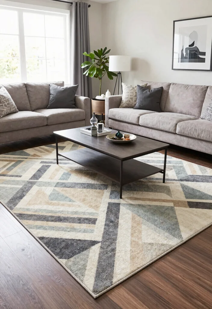 15 Farmhouse Rugs Living Room Ideas That Hide Stains and Wear - 11. Geometric Pattern Rugs 1