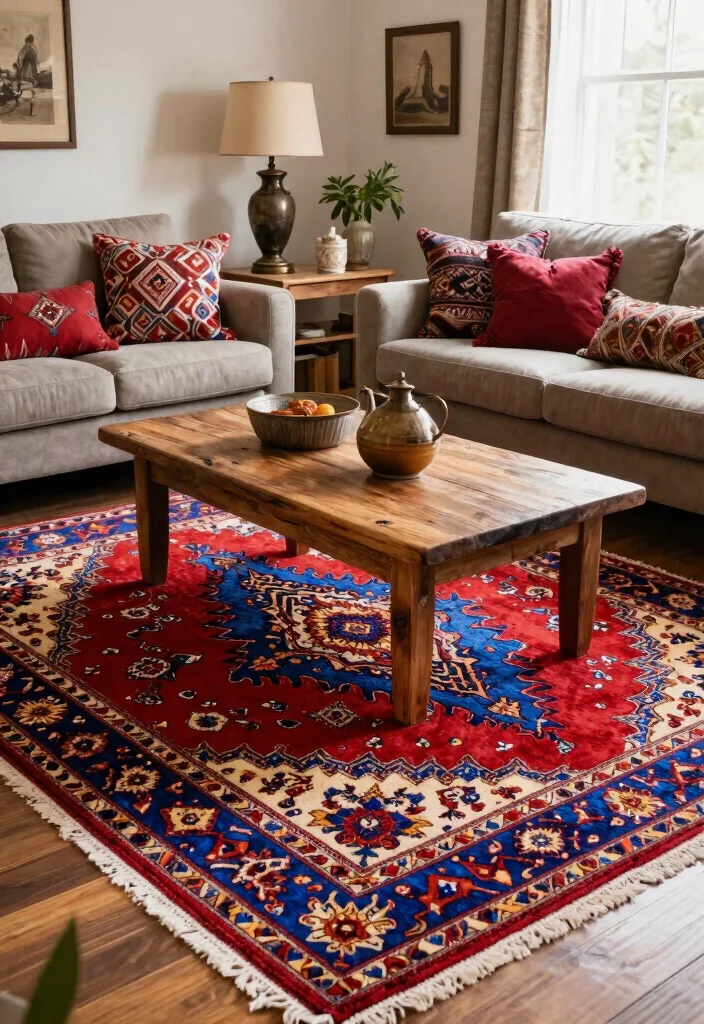 15 Farmhouse Rugs Living Room Ideas That Hide Stains and Wear - 5. Colorful Persian-Style Rugs 1