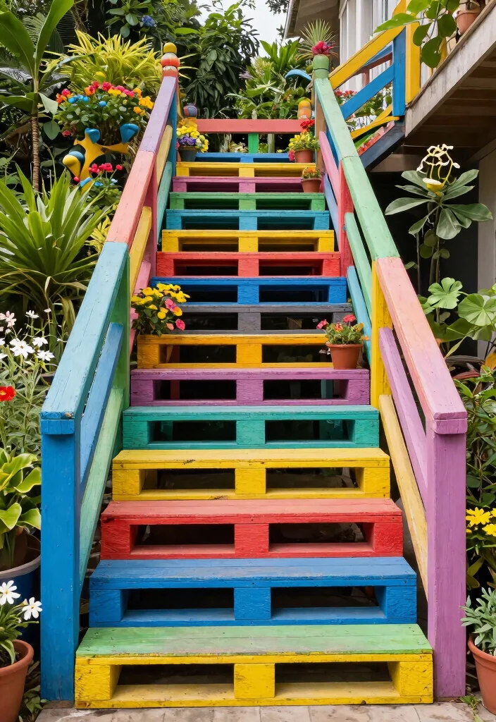 15 Outdoor Railings for Steps That Meet Code on a Budget - 6. Painted Pallet Railings 1