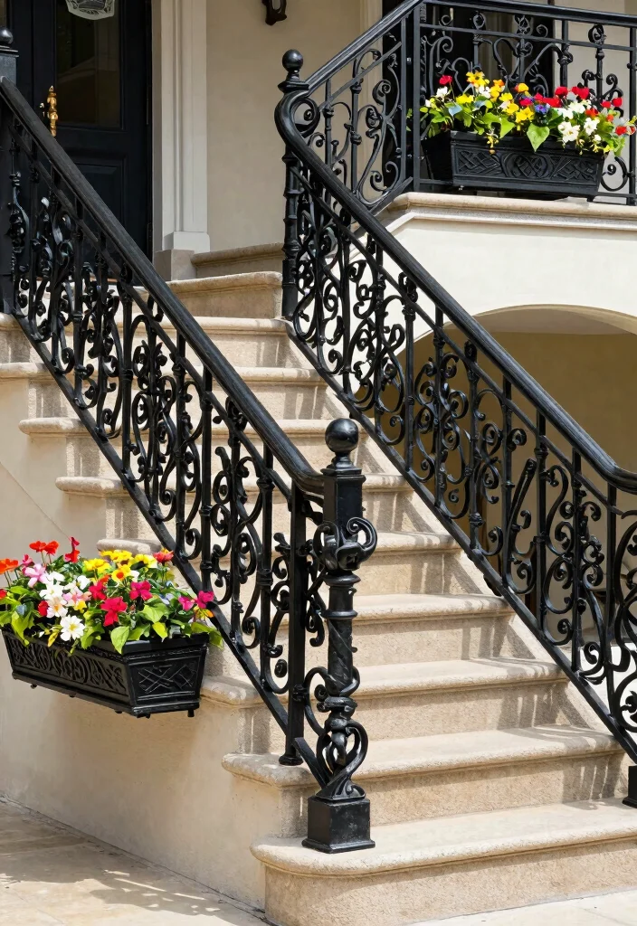 15 Outdoor Railings for Steps That Meet Code on a Budget - 7. Decorative Wrought Iron Railings 1