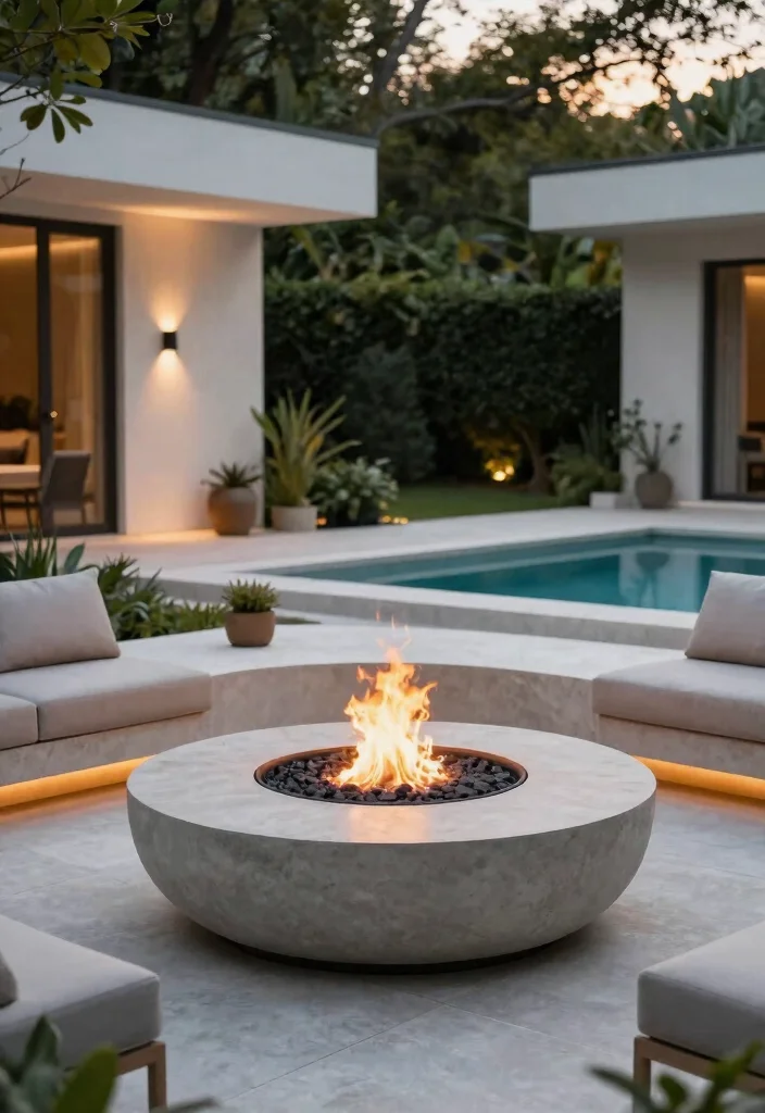 15 Pool Fire Pit Ideas That Are Safe and Meet Code Requirements - 1. Minimalist Built-In Fire Pit 1