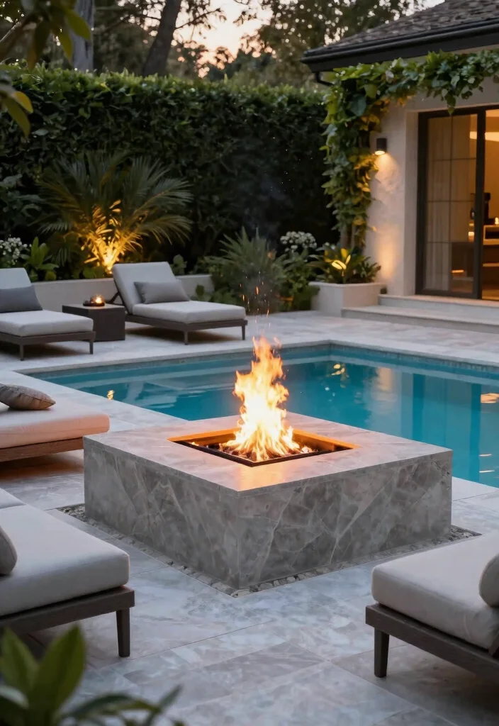 15 Pool Fire Pit Ideas That Are Safe and Meet Code Requirements - 13. Integrated Poolside Fire Pit 1