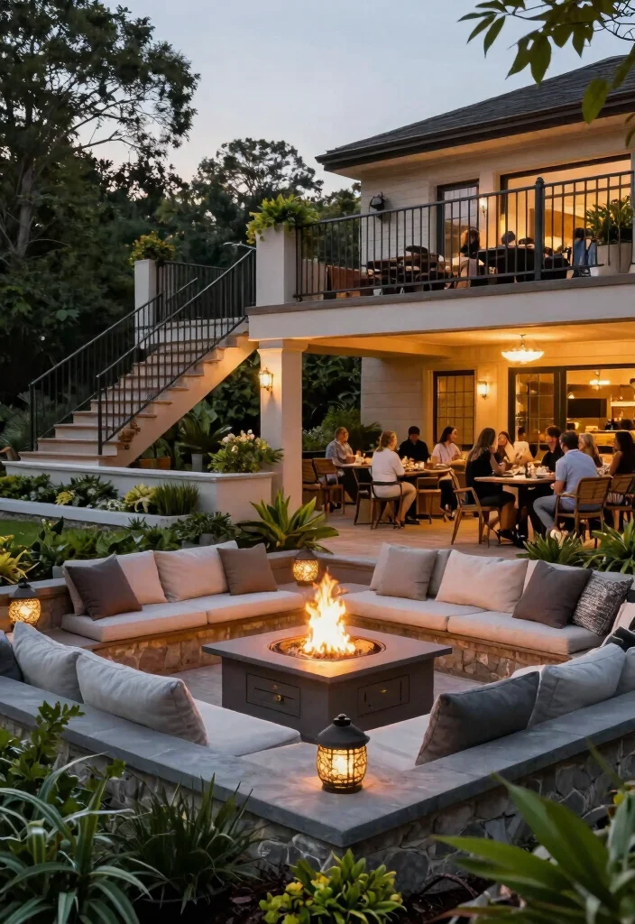 15 Pool Fire Pit Ideas That Are Safe and Meet Code Requirements - 15. Multi-Level Fire Pit and Deck 1