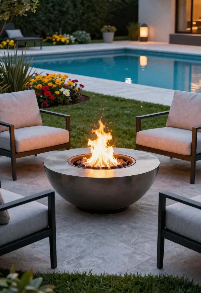 15 Pool Fire Pit Ideas That Are Safe and Meet Code Requirements - 3. Elevated Fire Bowl 1