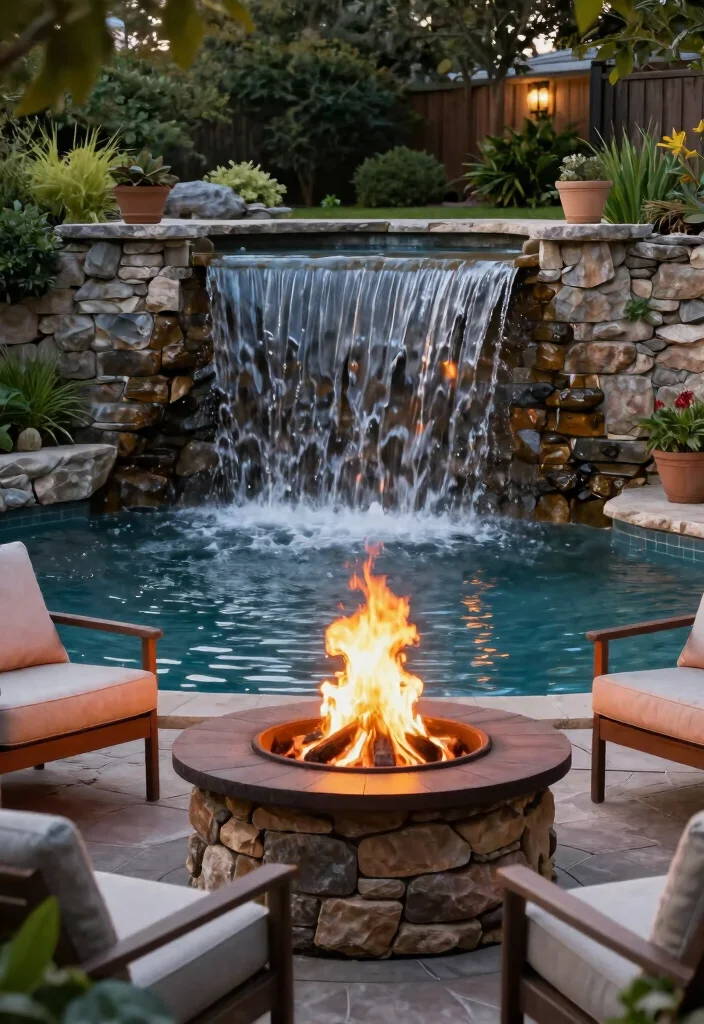 15 Pool Fire Pit Ideas That Are Safe and Meet Code Requirements - 8. Fire Pit with Water Feature 1