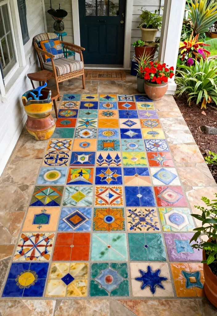 15 Porch Wall Tile Ideas That Cover Old Damaged Surfaces - 8. Artistic Mixed Media Tiles 1