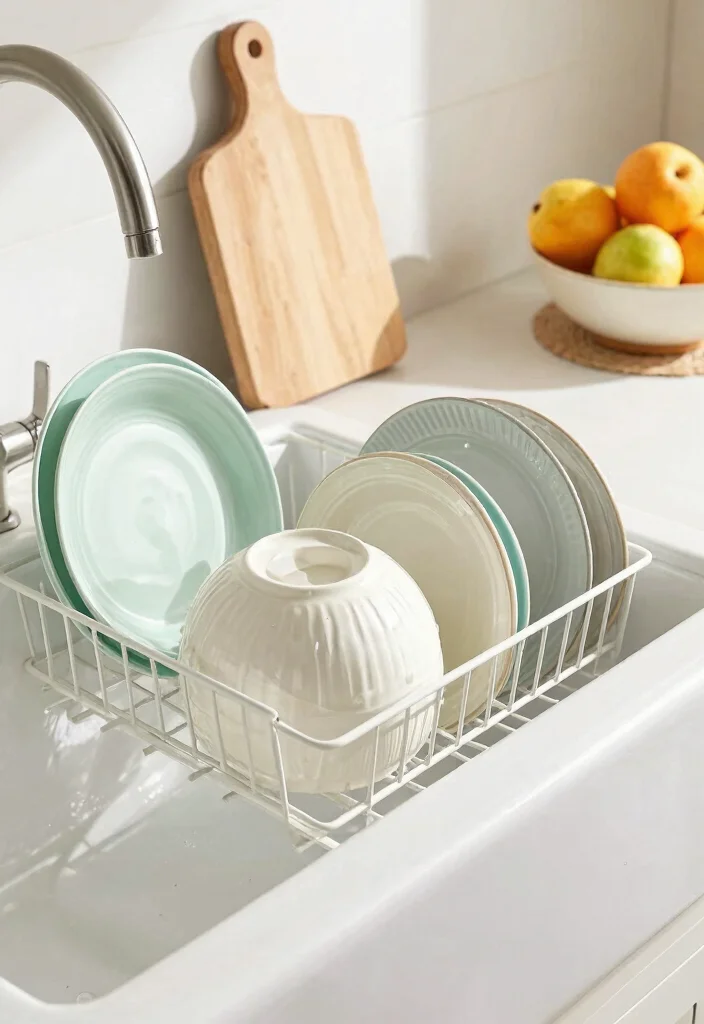 15 White Farmhouse Kitchen Ideas That Actually Stay Clean - 14. Use a Dish Rack to Maintain Cleanliness 1