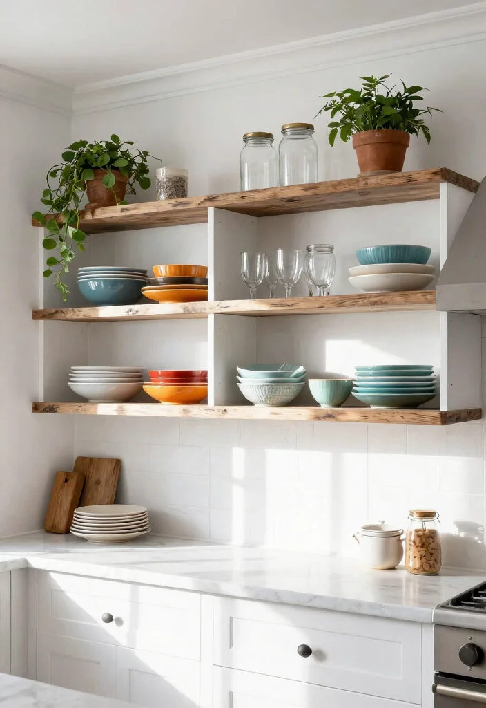 15 White Farmhouse Kitchen Ideas That Actually Stay Clean - 2. Use Open Shelving for Practical Display 1