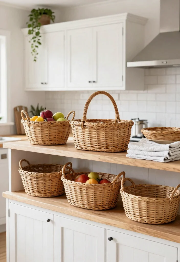 15 White Farmhouse Kitchen Ideas That Actually Stay Clean - 3. Incorporate Baskets for Hidden Storage 1