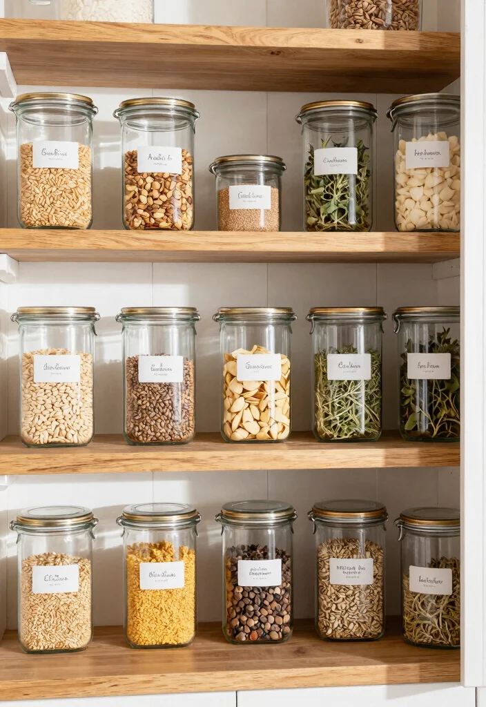 15 White Farmhouse Kitchen Ideas That Actually Stay Clean - 6. Use Glass Containers for Pantry Organization 1