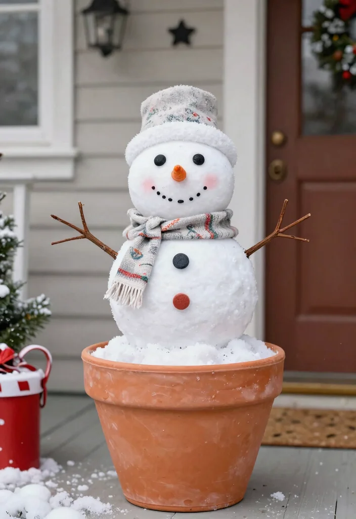 18 Porch Christmas Decorations That Stay Put Through Wind and Weather - 12. Terracotta Pot Snowmen 1